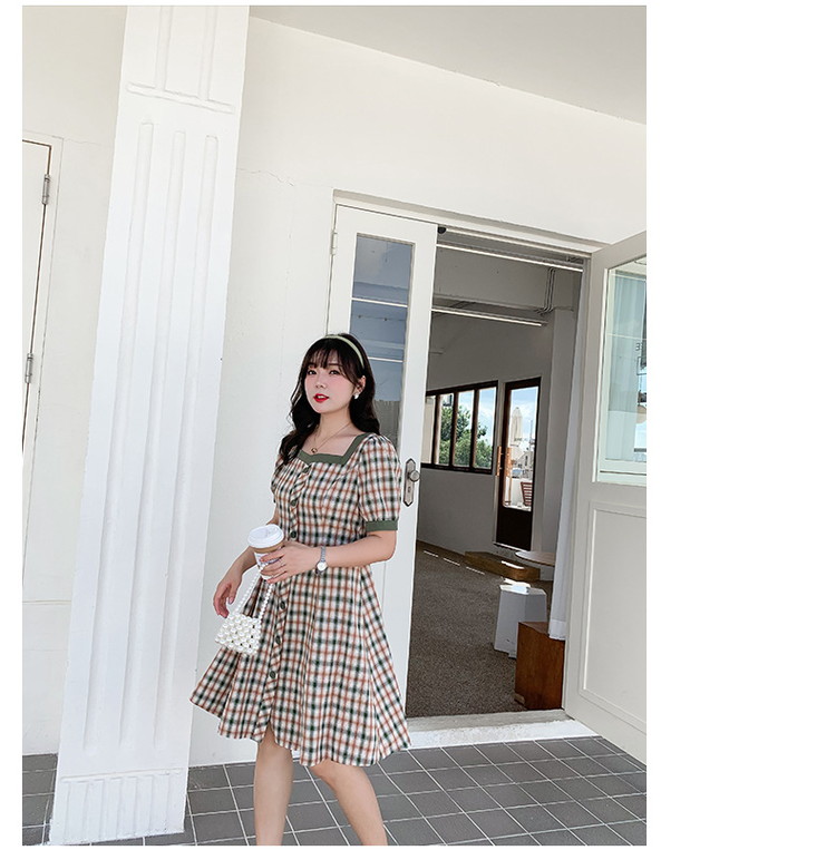 縁取りスクエアネックで小顔効果 チェック柄ワンピース 大きいサイズレディースファッション専門店 ミニョン