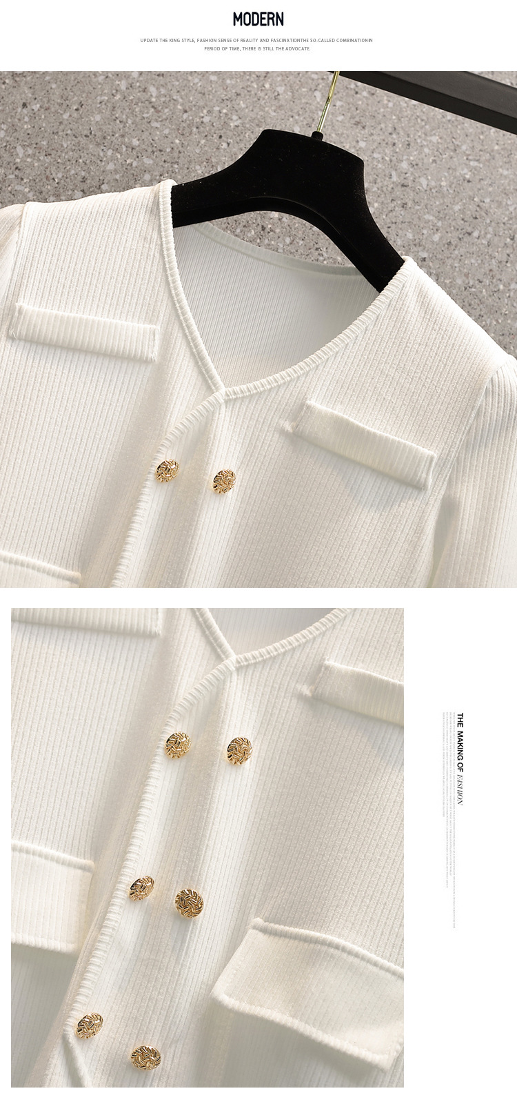 大きいサイズの裾デザインのボタン飾りリブトップス-ディテール