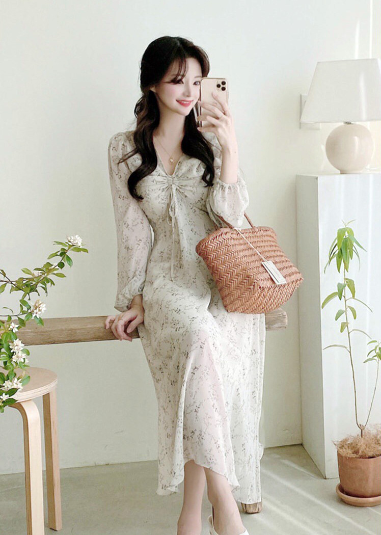 胸元ギャザー小花柄ワンピース 大きいサイズのワンピース専門店 ミニョン