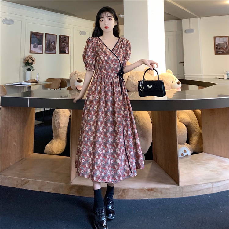 くすみ花柄パフスリーブワンピース 大きいサイズのワンピース専門店 ミニョン