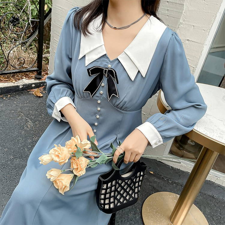 ファッションなデザイン のんのん ブルー リボン ワンピース 襟付き ワンピース ファッションなデザイン のんのん ブルー リボン ワンピース 襟付き ワンピース