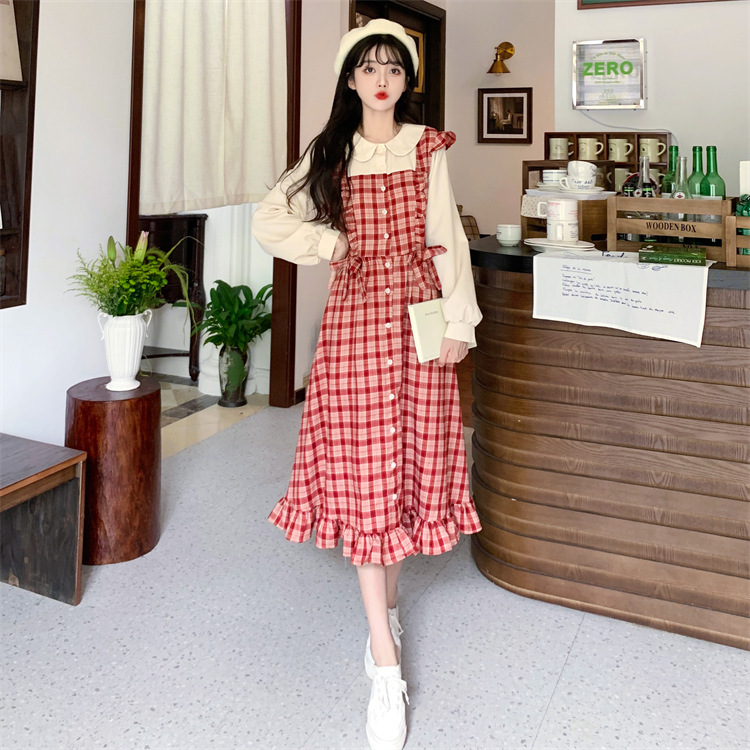 フリルチェック柄切替丸襟ワンピース 大きいサイズのワンピース専門店 ミニョン