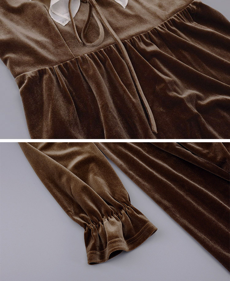 大きいサイズのフリル襟のベロアミディ丈ワンピース-正面