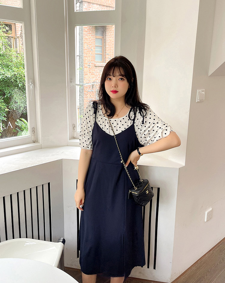 レトロガーリードット柄切替ワンピース 大きいサイズのワンピース専門店 ミニョン