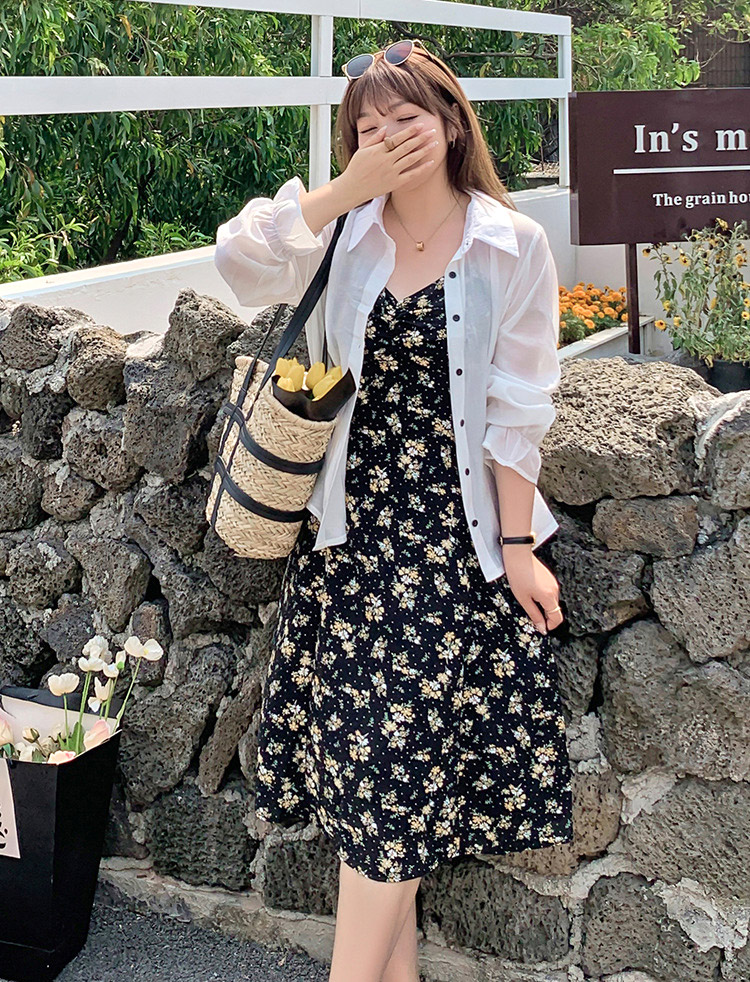 女っぽカジュアル♪シアーシャツ×花柄キャミワンピースSET☆ 大きいサイズの韓国レディースファッション通販 ミニョン！