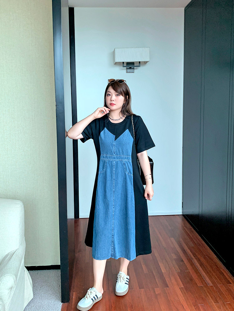こなれ感♪デニム切替着痩せ半袖ロングワンピース☆ 大きいサイズの韓国レディースファッション通販 ミニョン！
