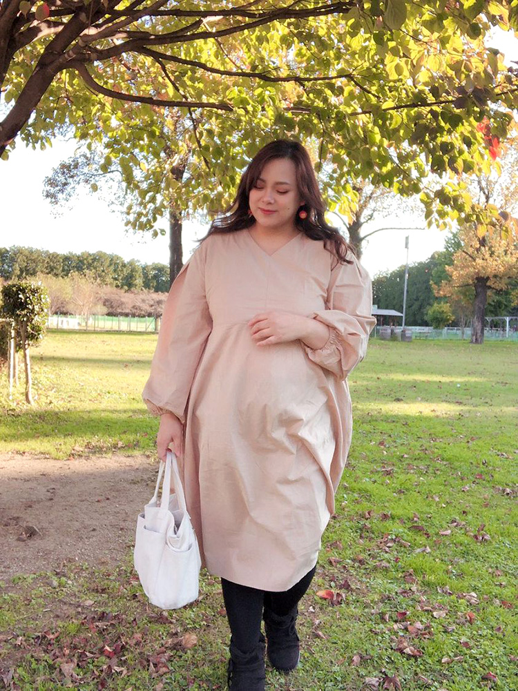 ふんわりボリューム袖のVネックロングワンピース★ - 大きいサイズの韓国レディースファッション通販 ミニョン！